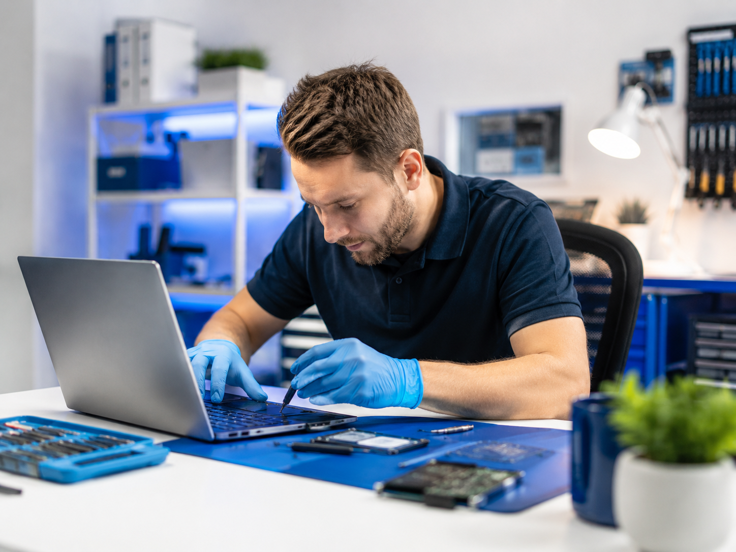 Laptopreparatie in een technische werkruimte